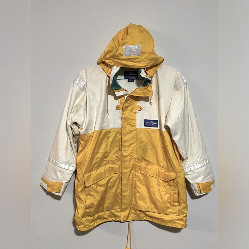 Vintage High Seas Foul Weather Gear Jacket Hooded Yellow‎ White Medium